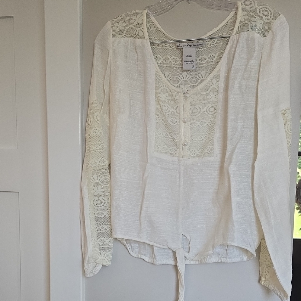 American Rag Cie Women's White Lace Detail Top S Ivory